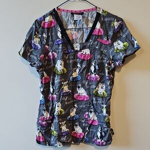 HeartSoul Medium Pink and Black Dog Detail Scrub Top